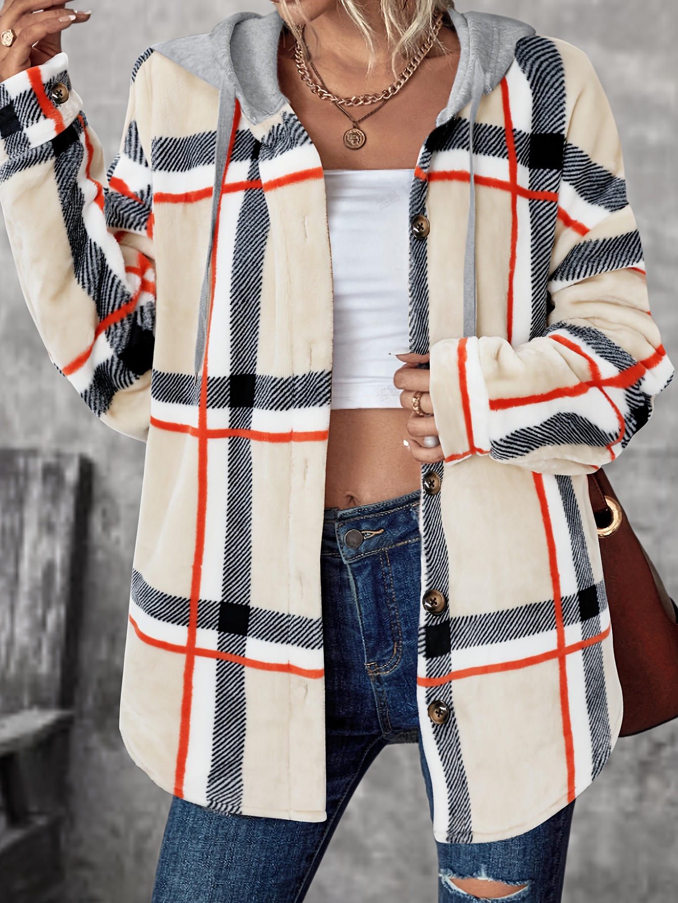 plaid single button hooded jacket casual drawstring jacket for fall womens clothing details 2