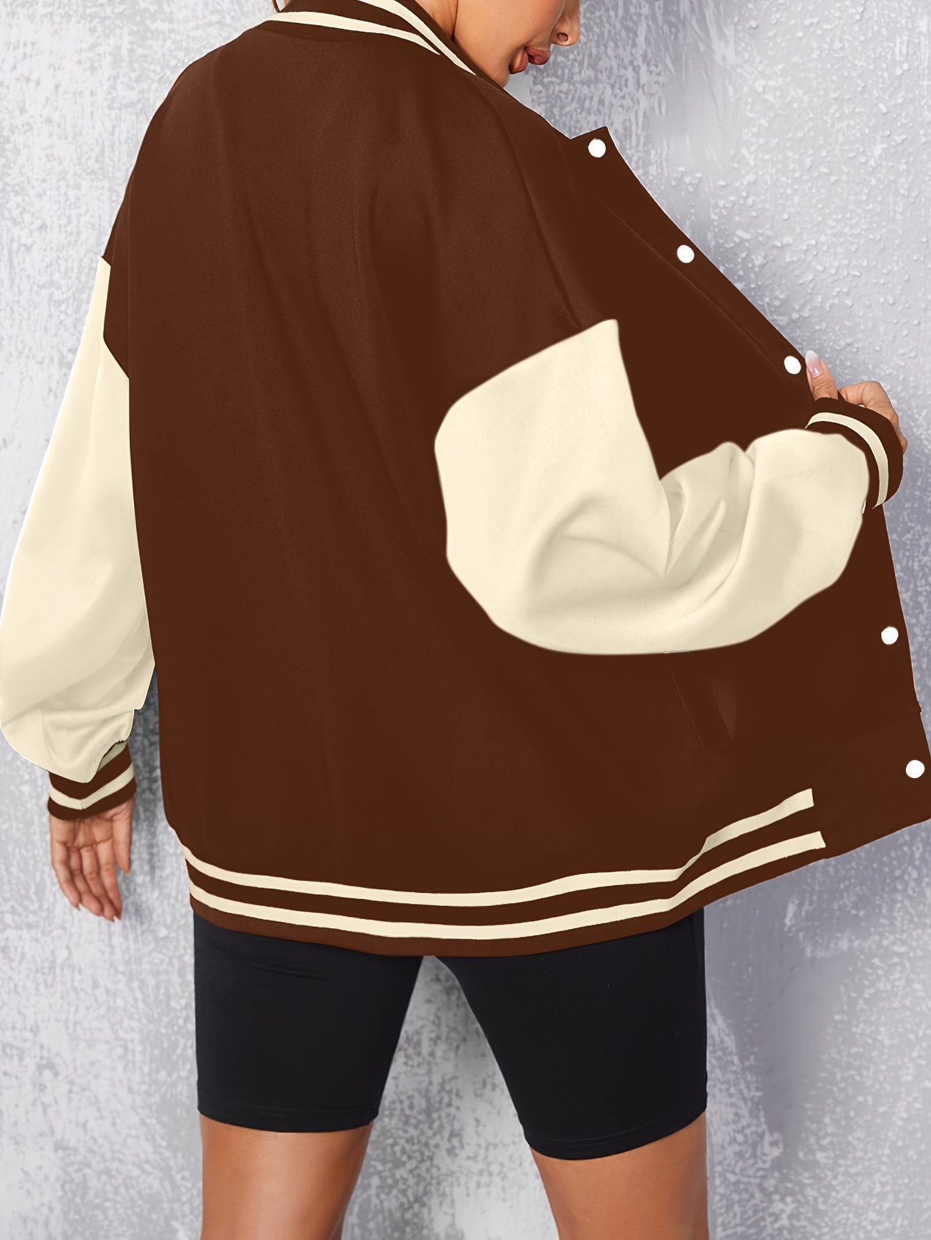 color block letterman varsity jacket versatile long sleeve button front jacket womens clothing details 1