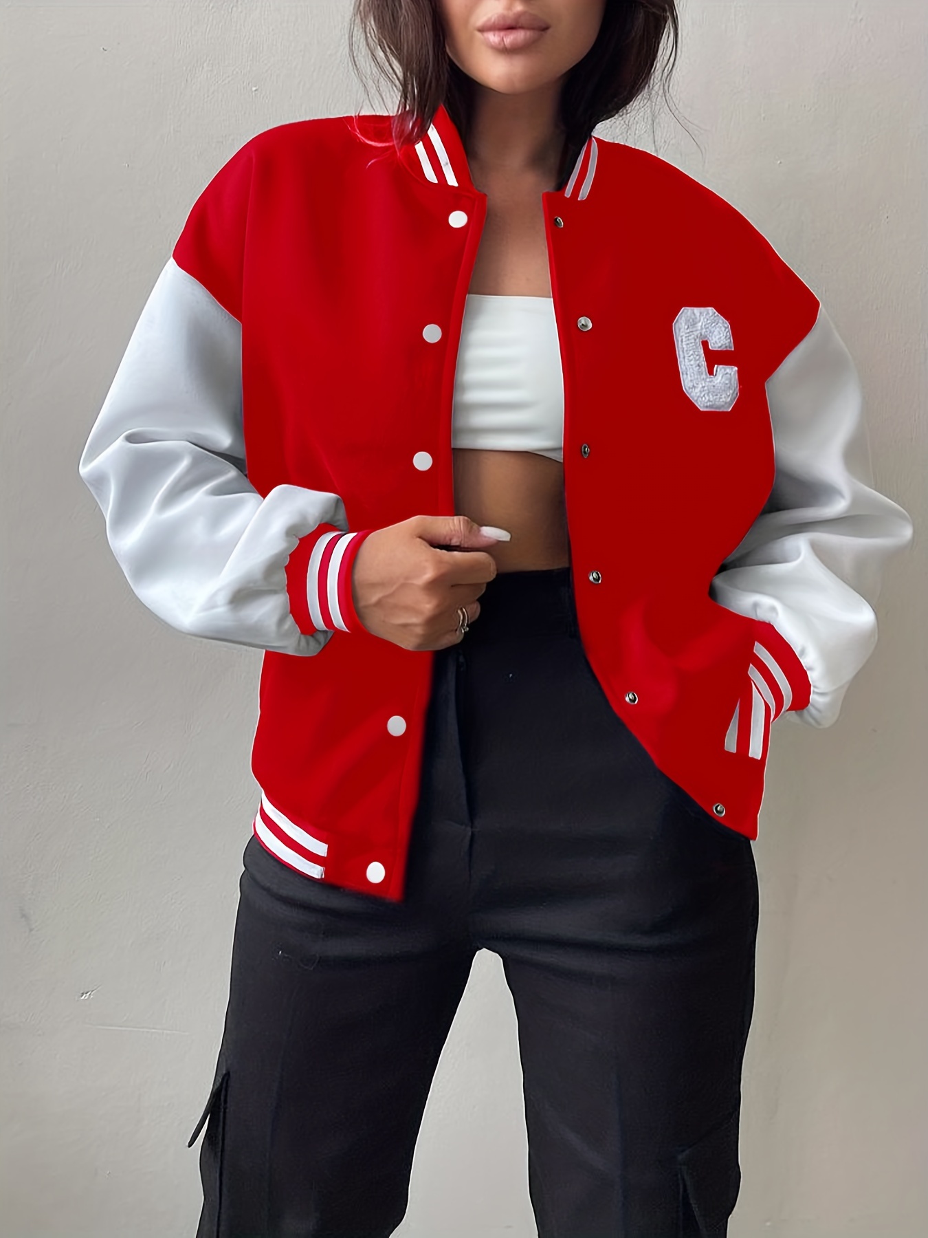 color block letterman varsity jacket versatile long sleeve button front jacket womens clothing details 5