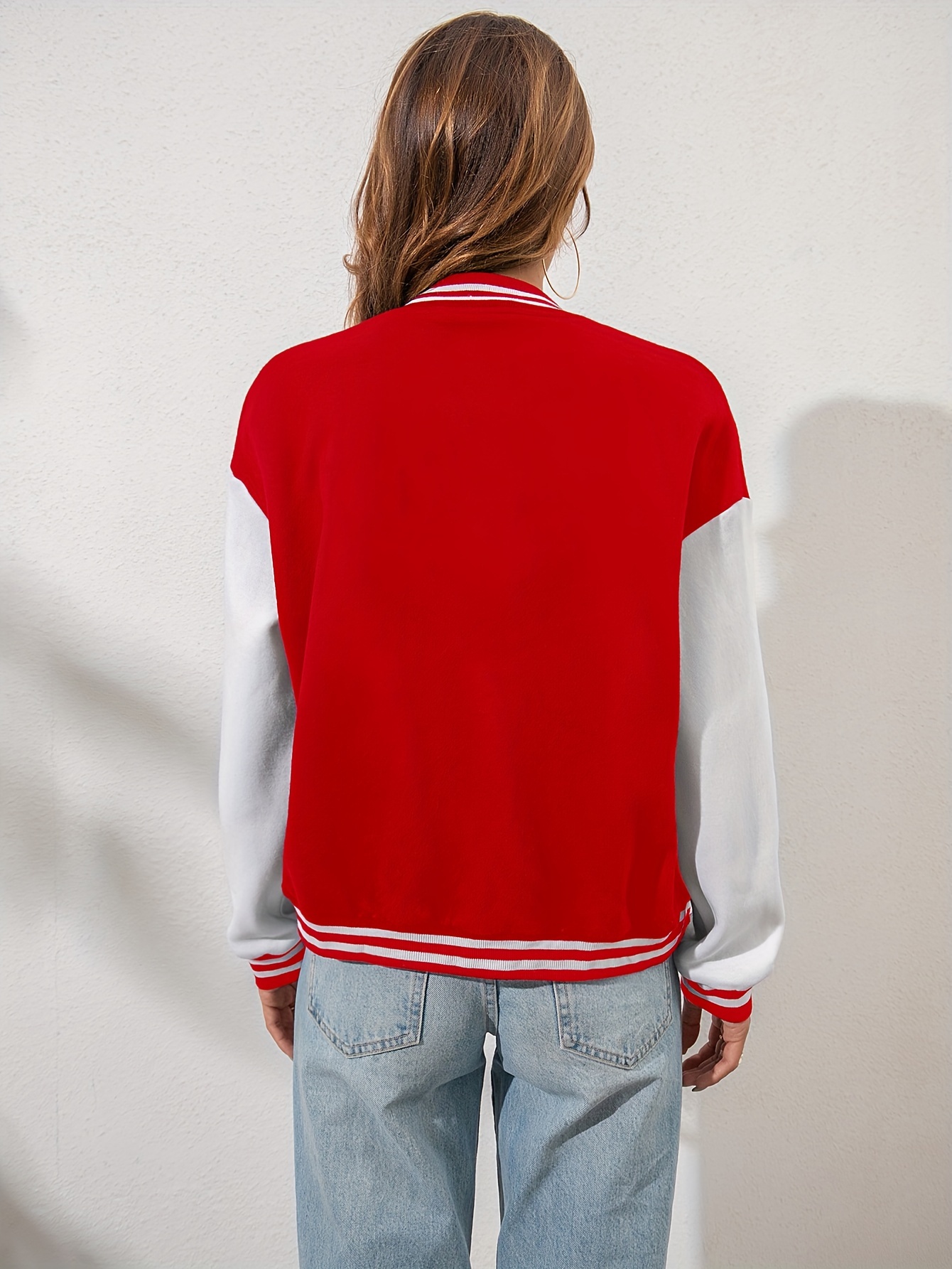 color block letterman varsity jacket versatile long sleeve button front jacket womens clothing details 6