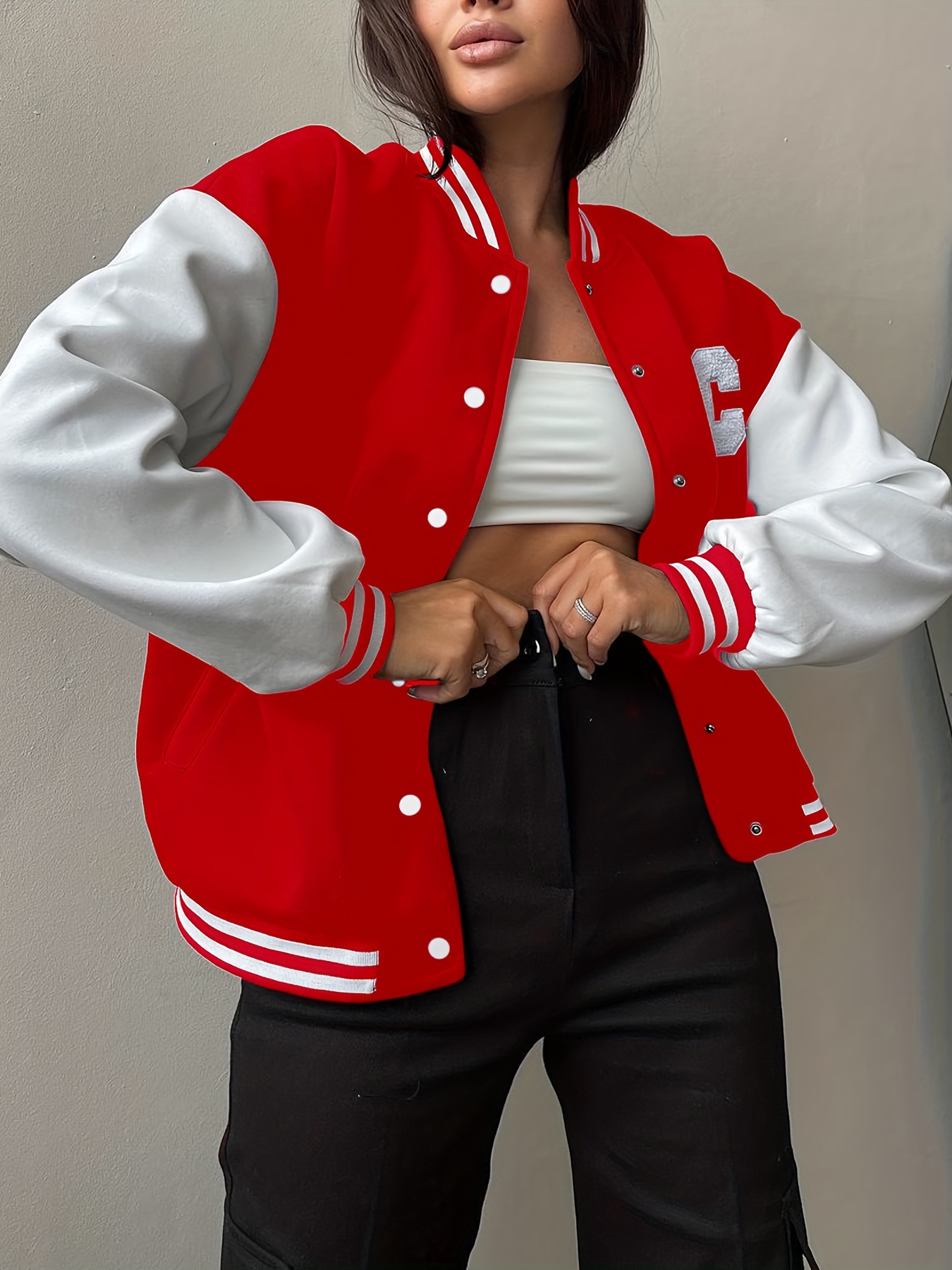 color block letterman varsity jacket versatile long sleeve button front jacket womens clothing details 7