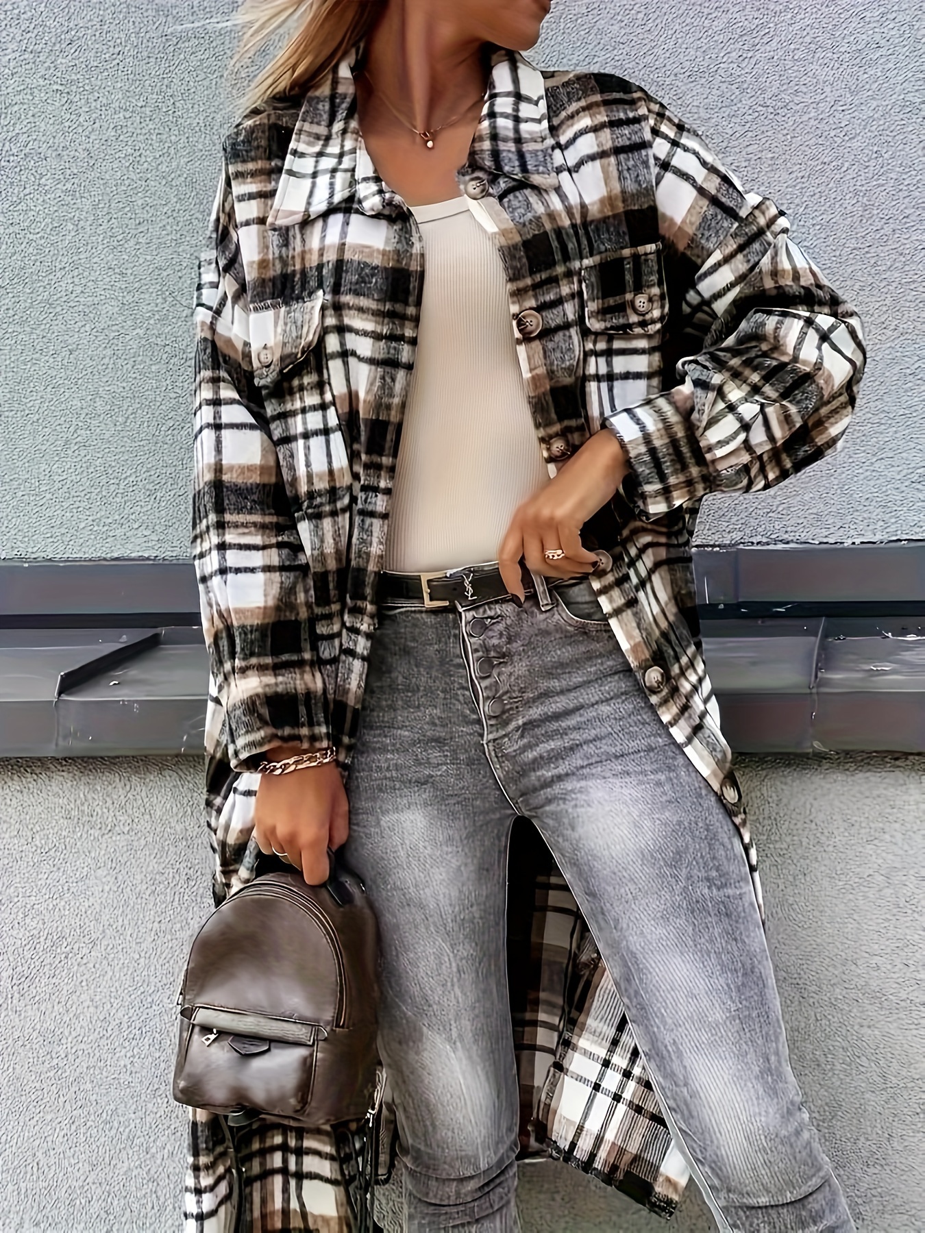 plaid print long length jacket casual button front flap pockets outwear womens clothing details 3