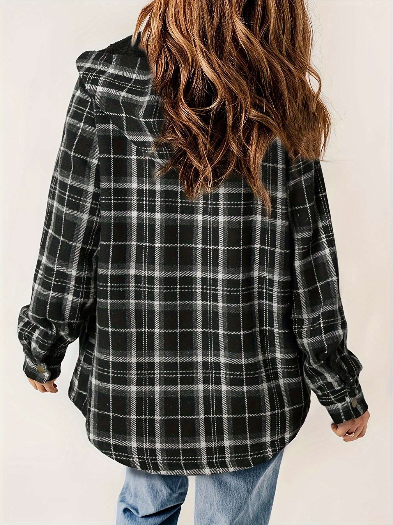 plaid pattern hooded jacket casual button front long sleeve outerwear womens clothing details 11