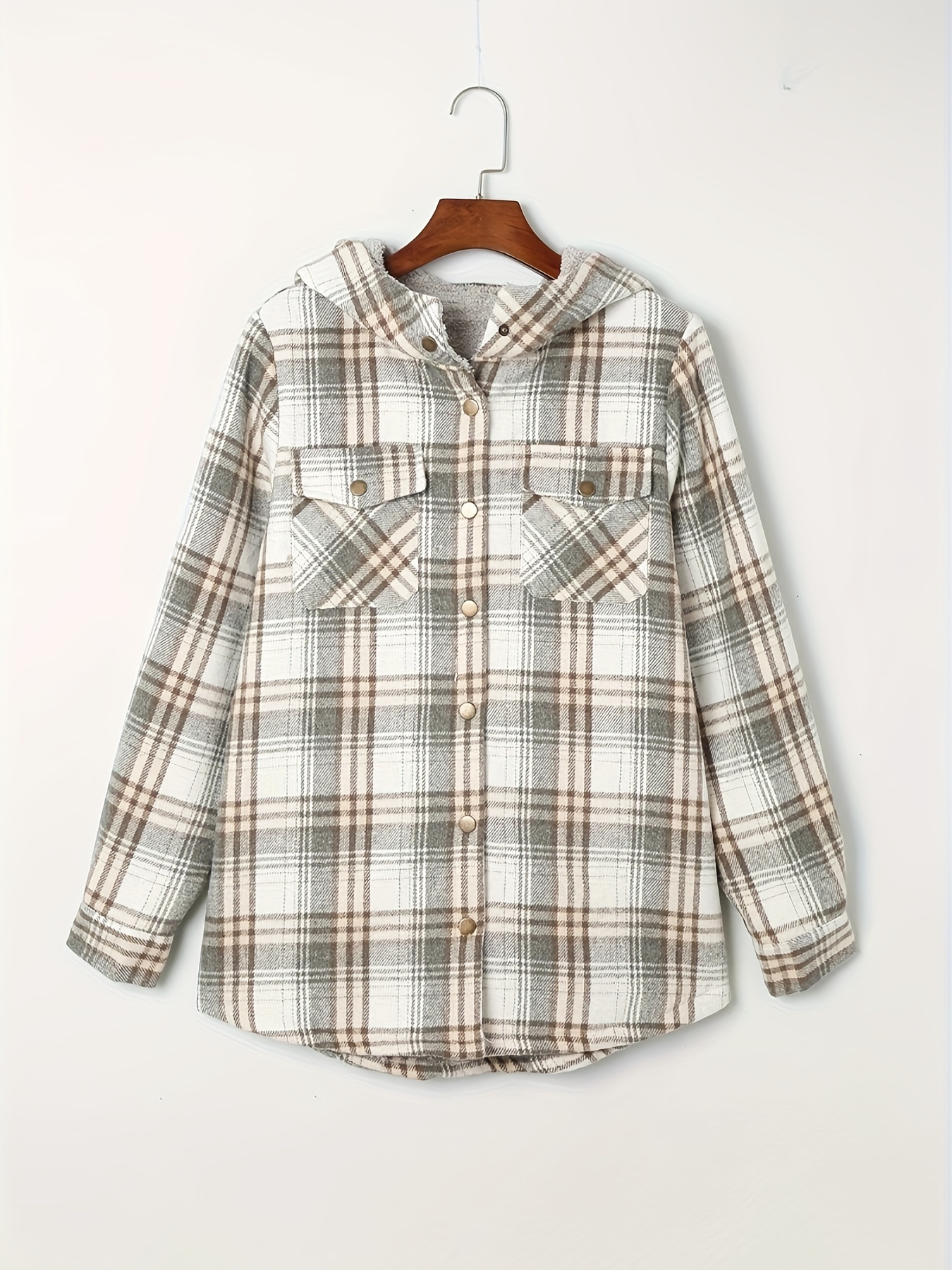 plaid pattern hooded jacket casual button front long sleeve outerwear womens clothing details 15