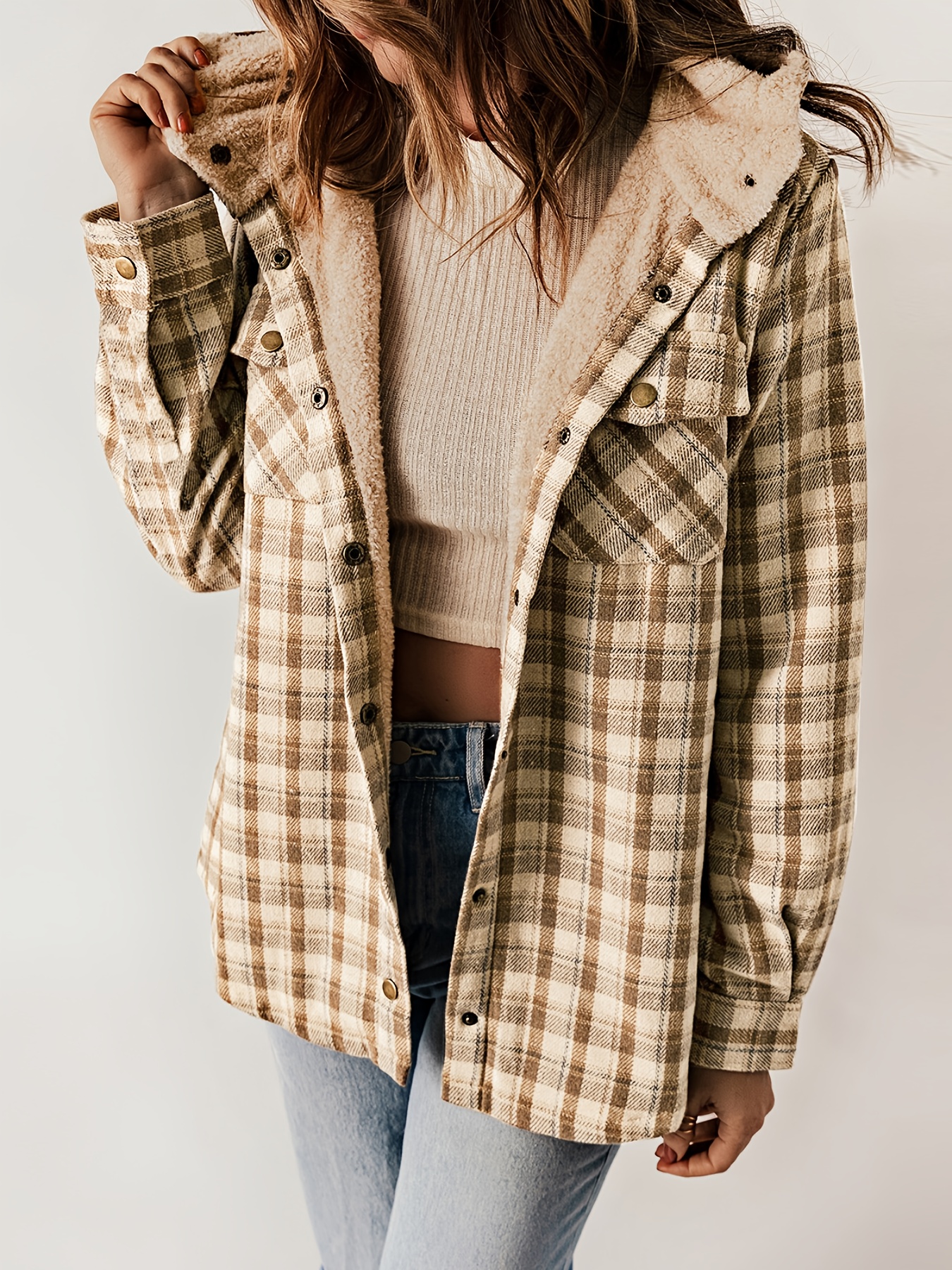 plaid pattern hooded jacket casual button front long sleeve outerwear womens clothing details 35