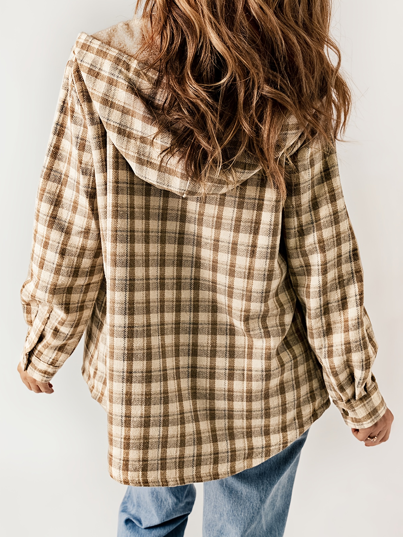 plaid pattern hooded jacket casual button front long sleeve outerwear womens clothing details 36