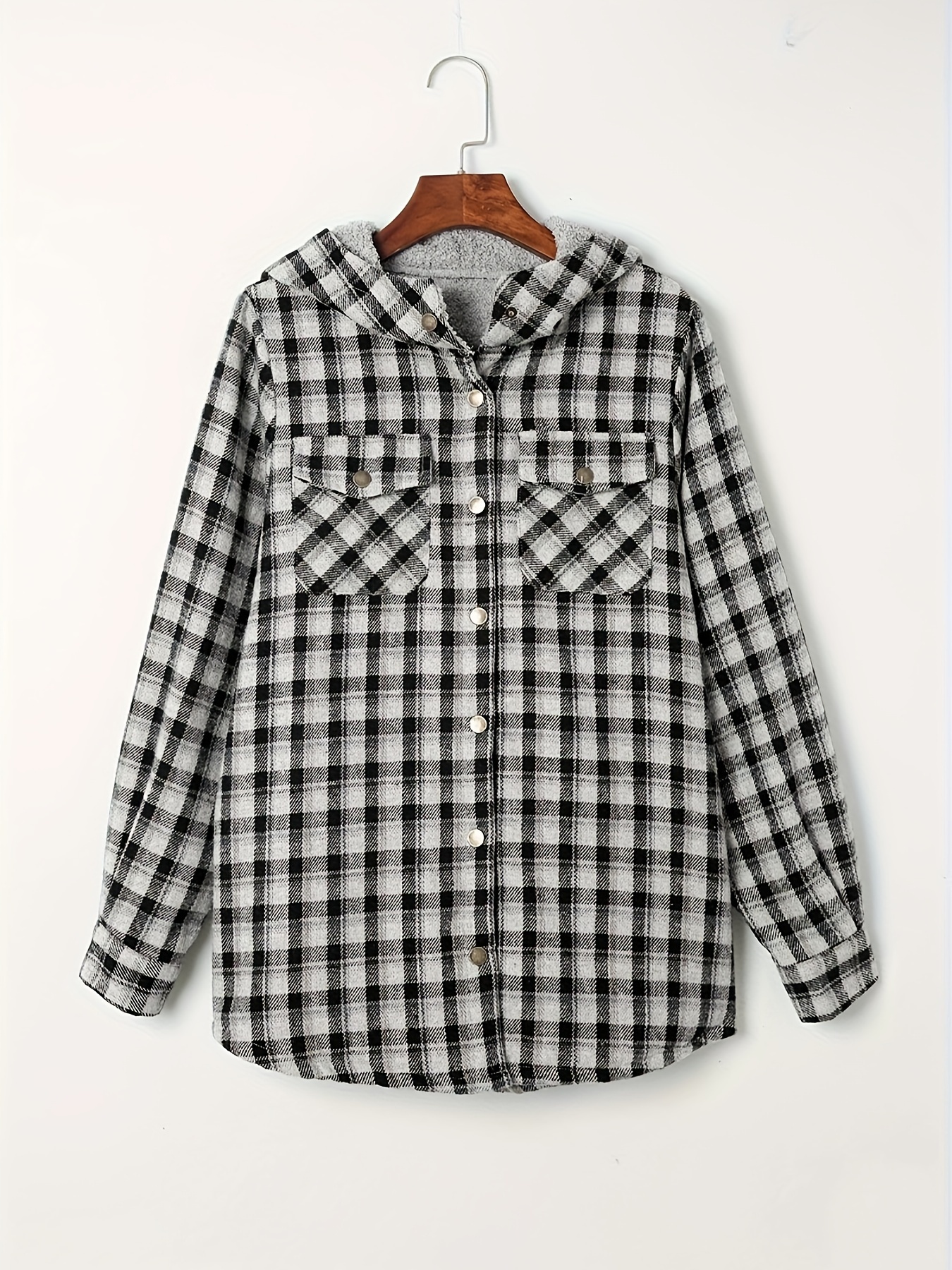 plaid pattern hooded jacket casual button front long sleeve outerwear womens clothing details 46