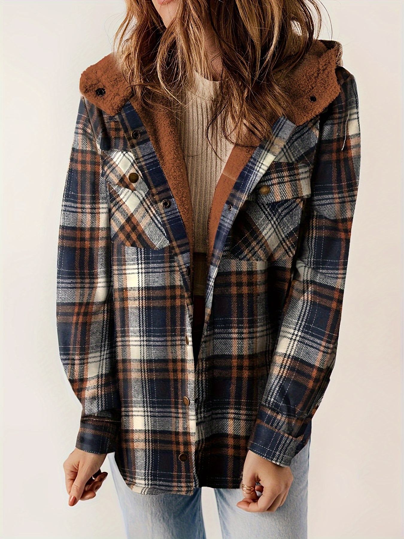 plaid pattern hooded jacket casual button front long sleeve outerwear womens clothing details 47