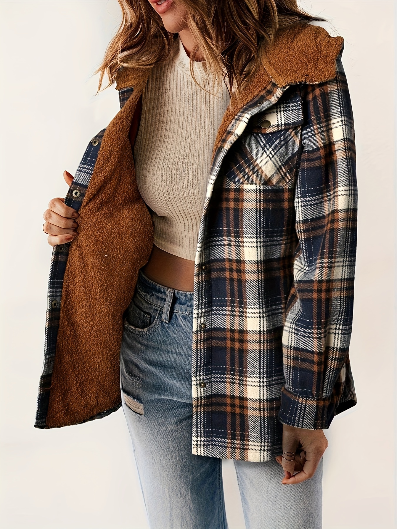 plaid pattern hooded jacket casual button front long sleeve outerwear womens clothing details 51