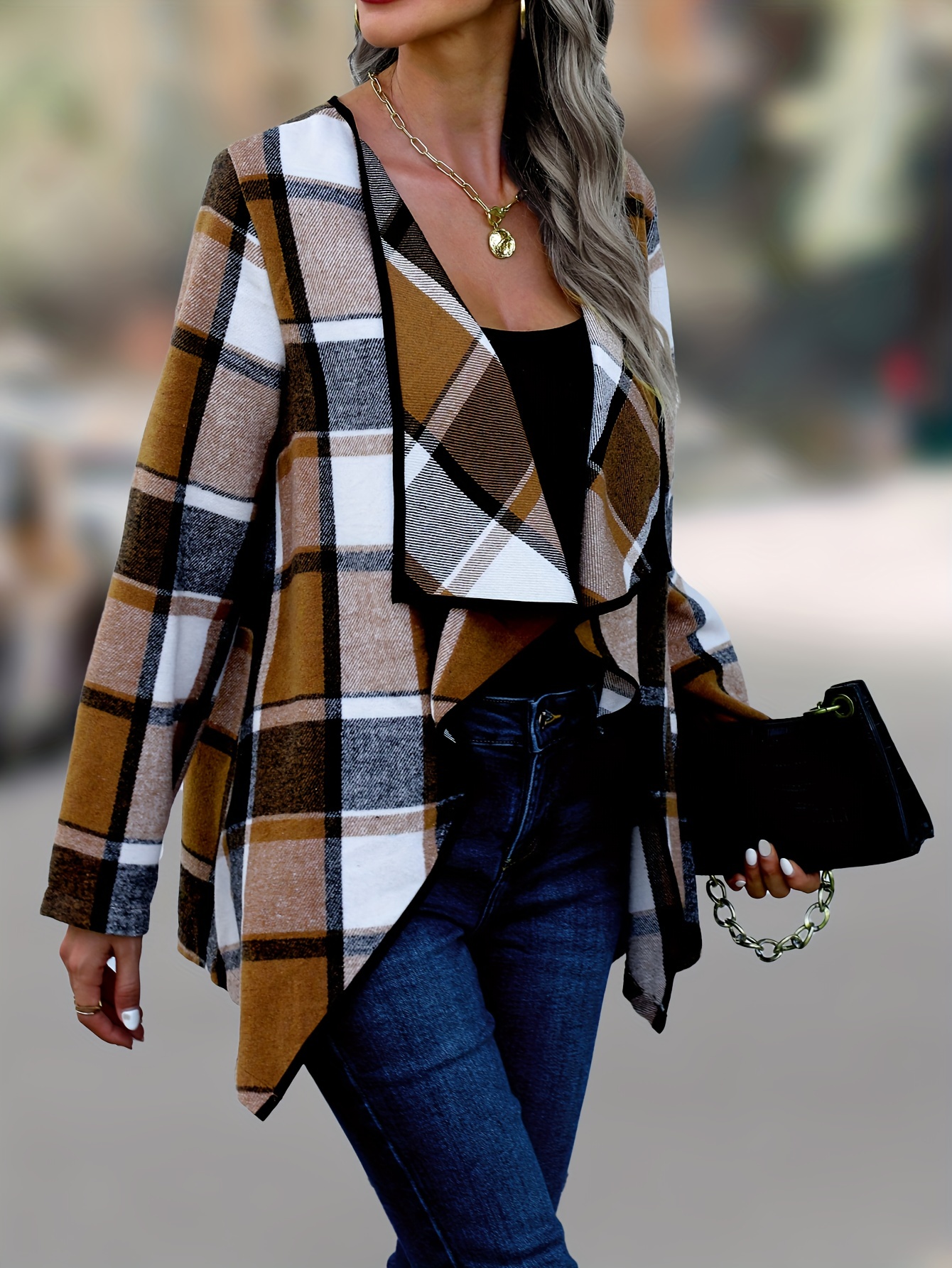 plaid print open front coat elegant long sleeve outwear for spring fall womens clothing details 4