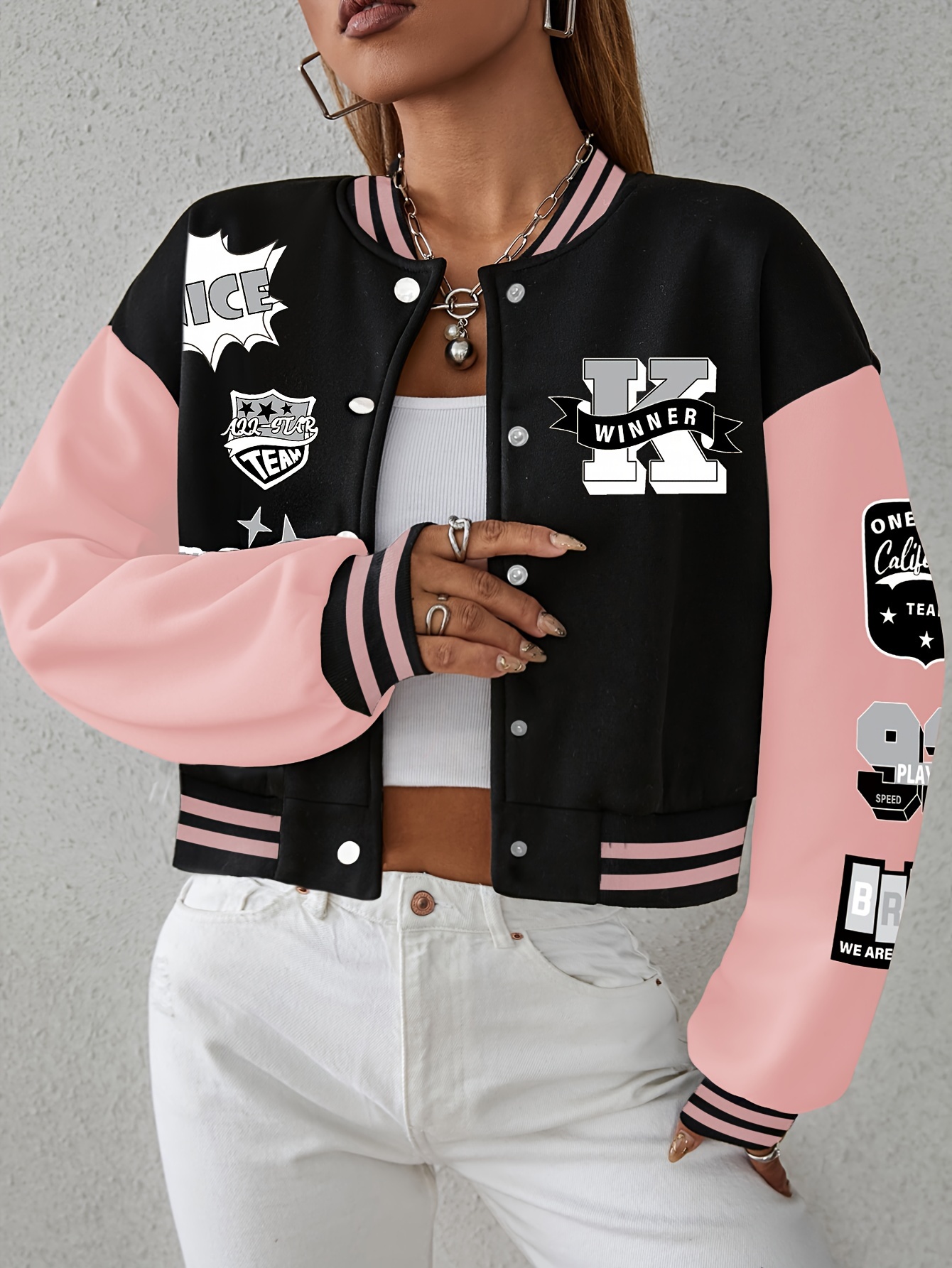 letter pattern button bomber jacket preppy long sleeve jacket for fall winter womens clothing details 0