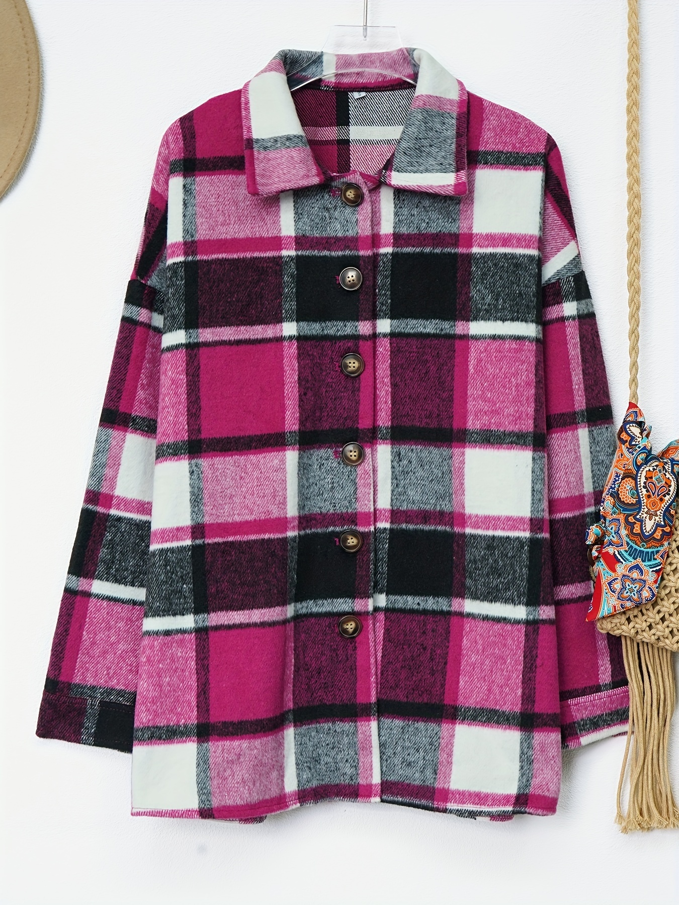 drop shoulder plaid shirt jacket loose long sleeve casual plaid shacket for spring fall womens clothing details 1