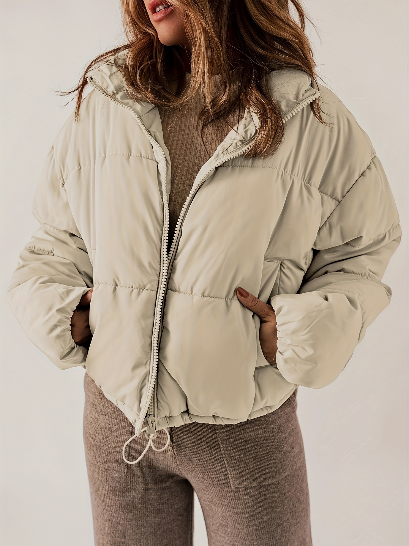 solid color zip up puffy jacket casual long sleeve coat for fall winter womens clothing details 1