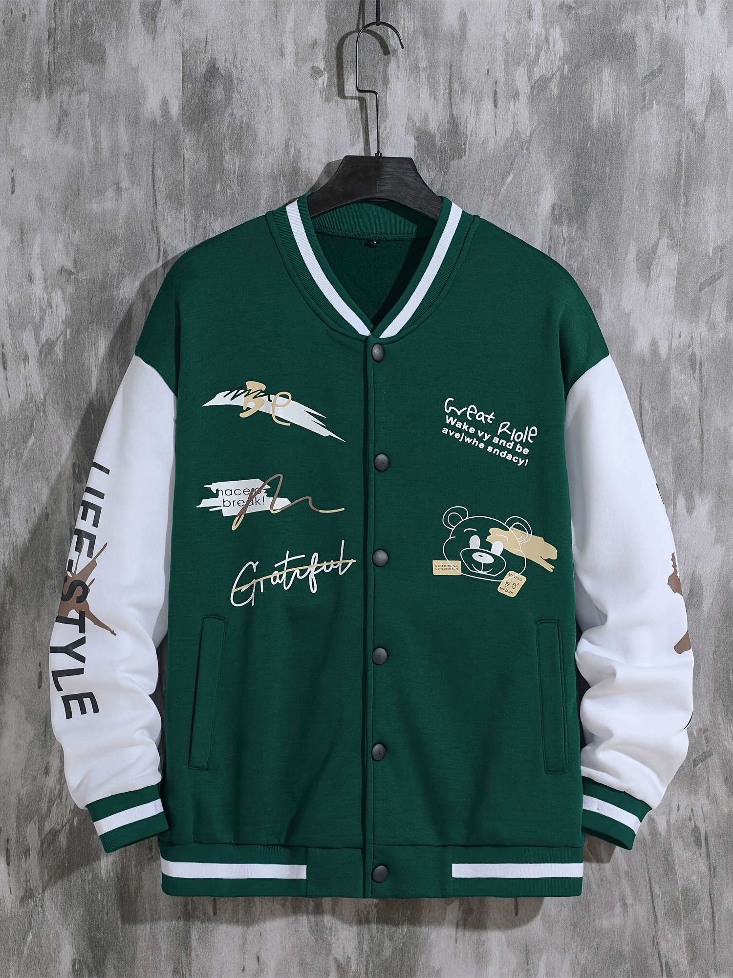 letter print varsity jacket mens casual baseball jacket coat regular fit college hipster windbreaker for spring autumn details 2