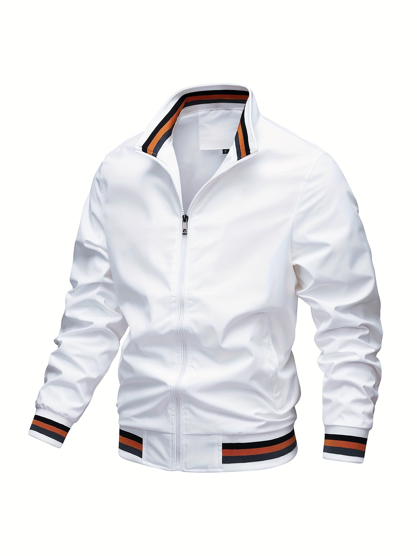 stripe edge bomber jacket mens casual stand collar zip up jacket for spring summer outdoor details 0