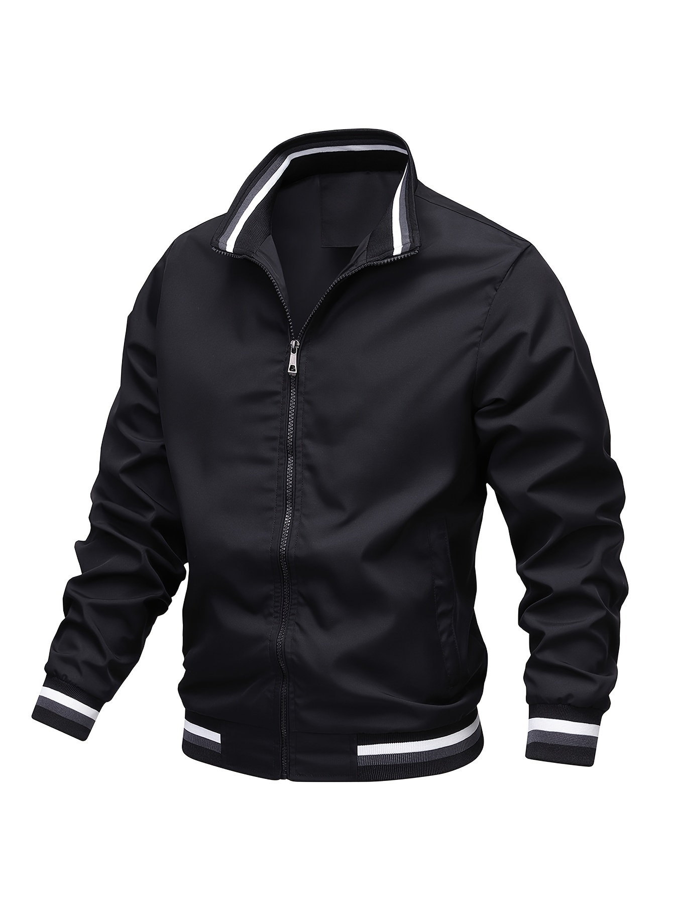 stripe edge bomber jacket mens casual stand collar zip up jacket for spring summer outdoor details 3