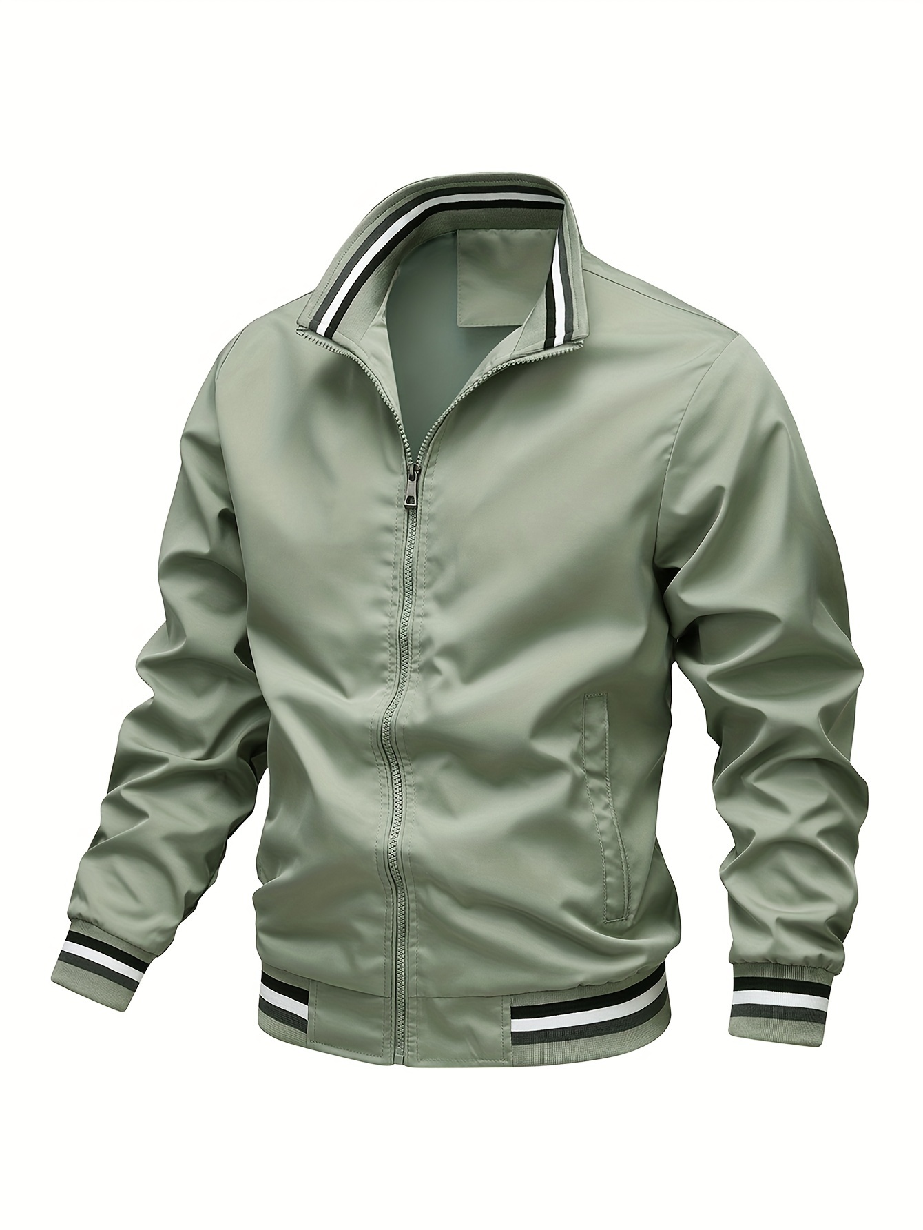 stripe edge bomber jacket mens casual stand collar zip up jacket for spring summer outdoor details 12