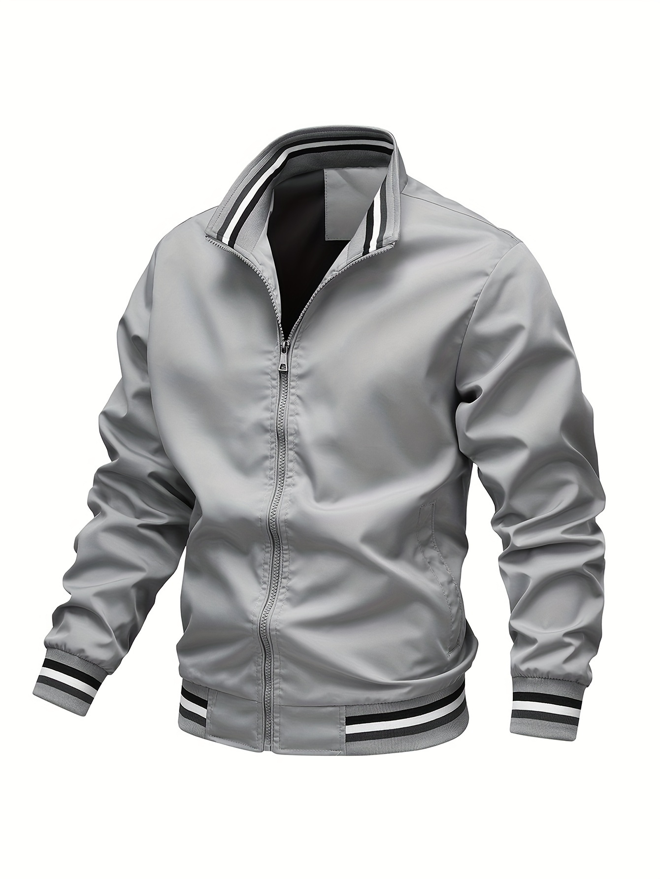 stripe edge bomber jacket mens casual stand collar zip up jacket for spring summer outdoor details 18