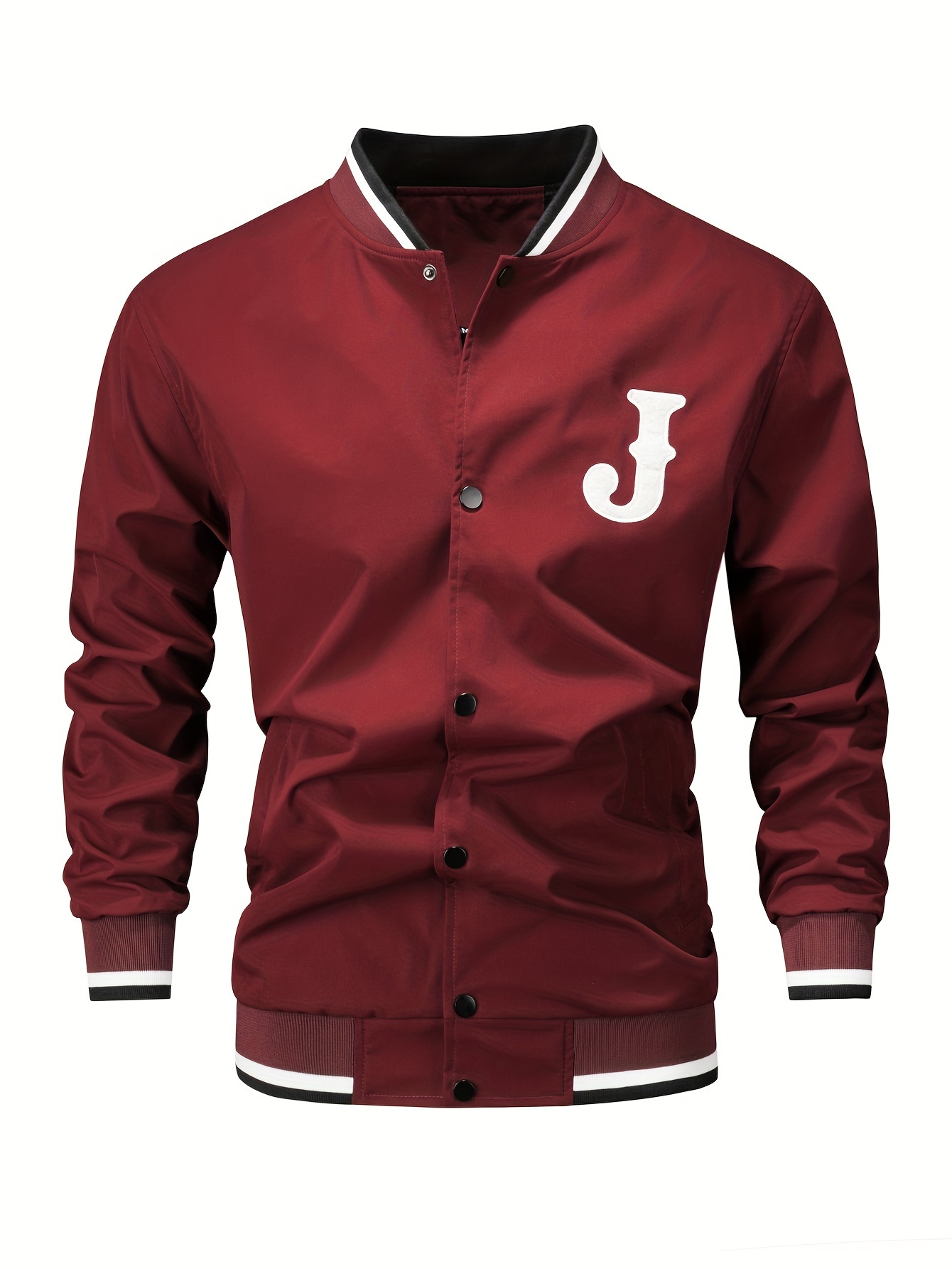 mens casual letter print varsity jacket chic baseball collar button up bomber jacket details 10