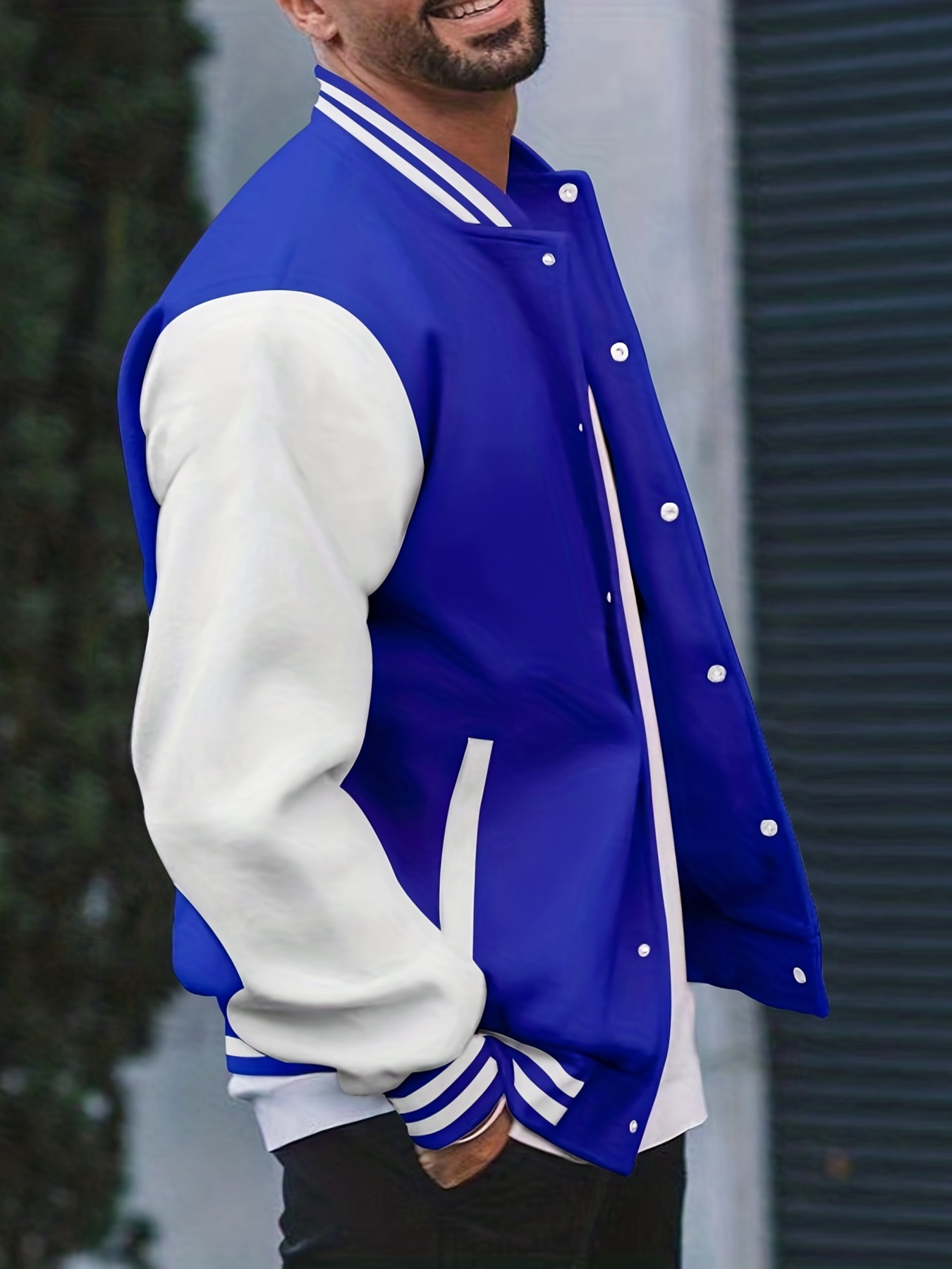 mens color block bomber jacket casual baseball collar varsity jacket for spring fall details 4