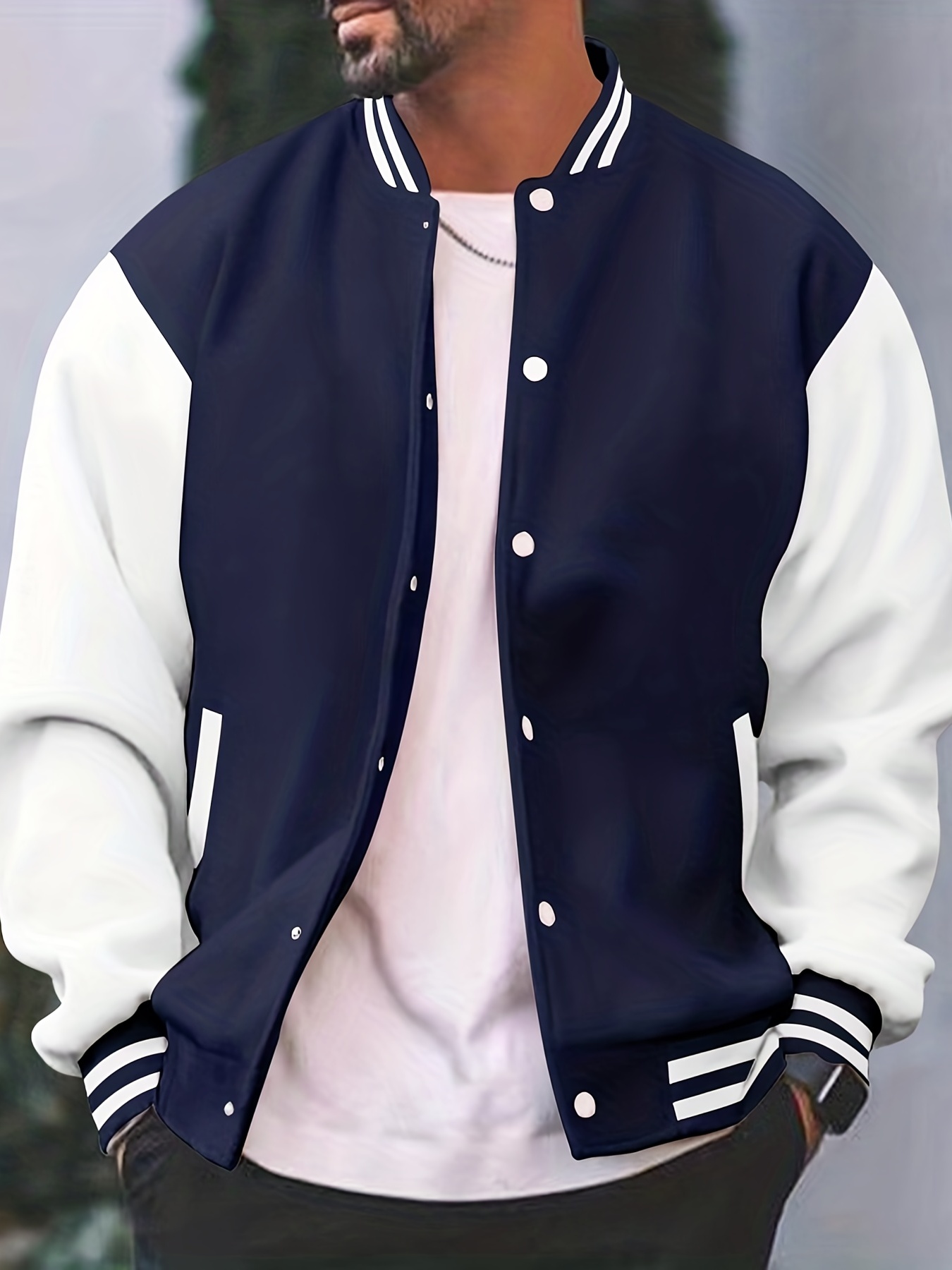 mens color block bomber jacket casual baseball collar varsity jacket for spring fall details 7