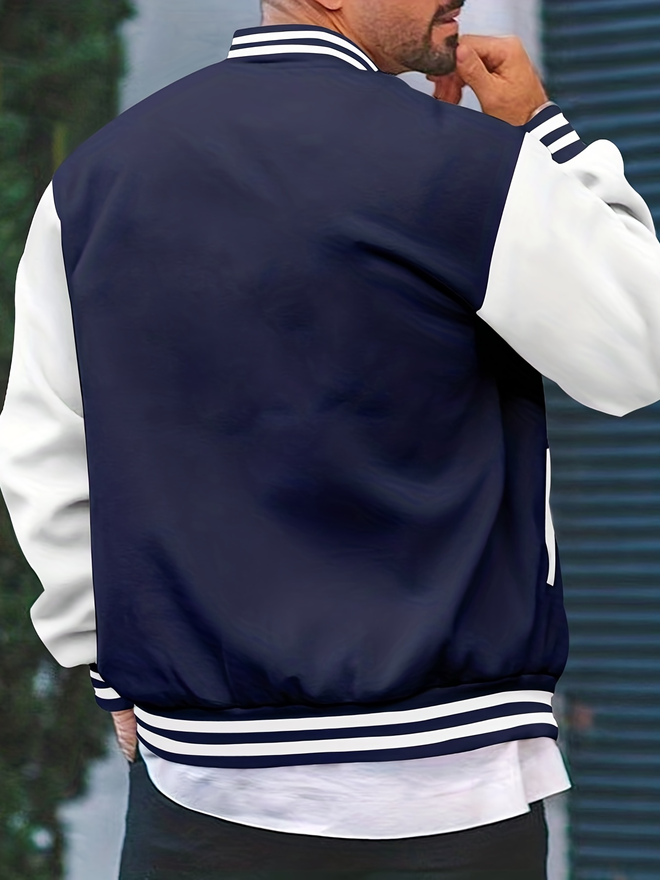 mens color block bomber jacket casual baseball collar varsity jacket for spring fall details 9