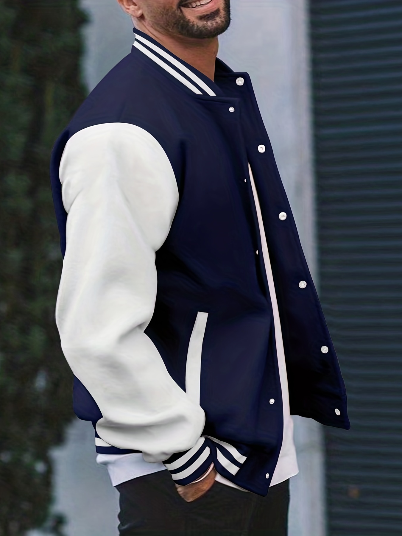 mens color block bomber jacket casual baseball collar varsity jacket for spring fall details 10