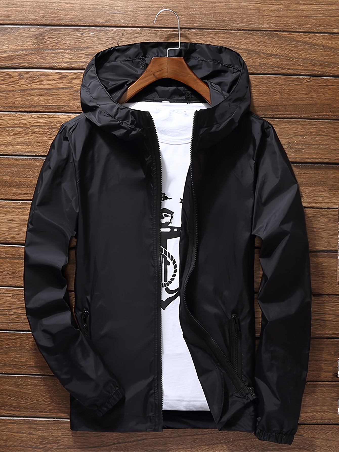 mens casual zipper pocket hooded windbreaker jacket chic zip up jacket for outdoor activities details 4