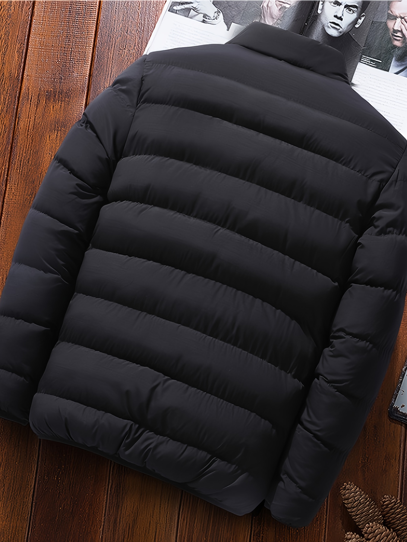 mens casual stand collar warm quilted jacket for fall winter details 5