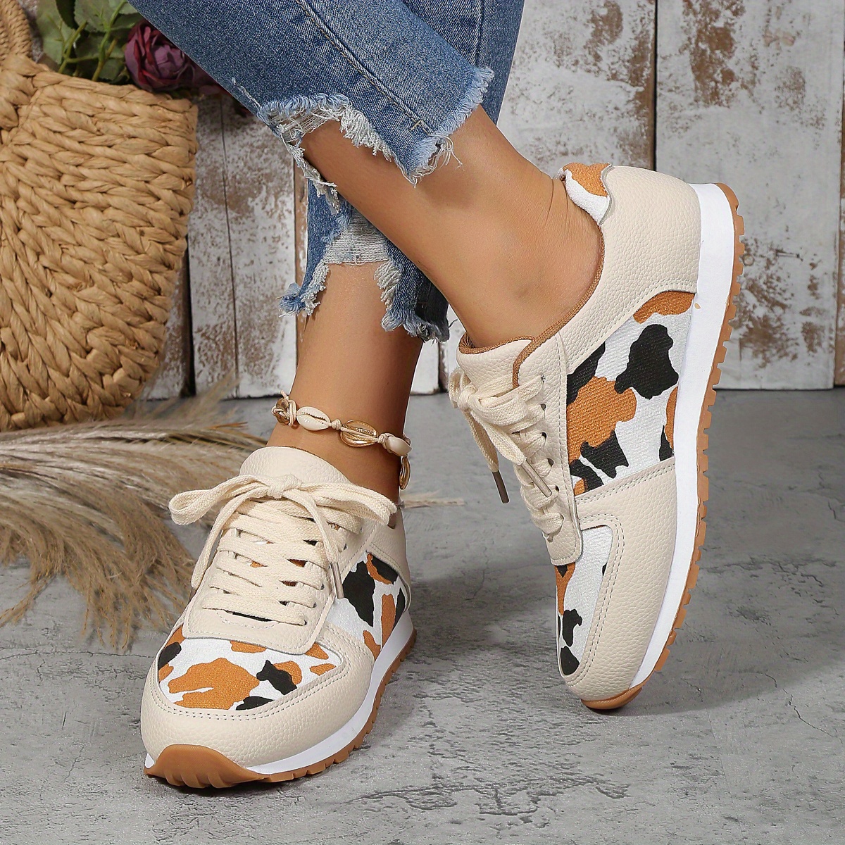 womens leopard print sneakers stylish lace up flat sneakers womens fashion non slip shoes details 7