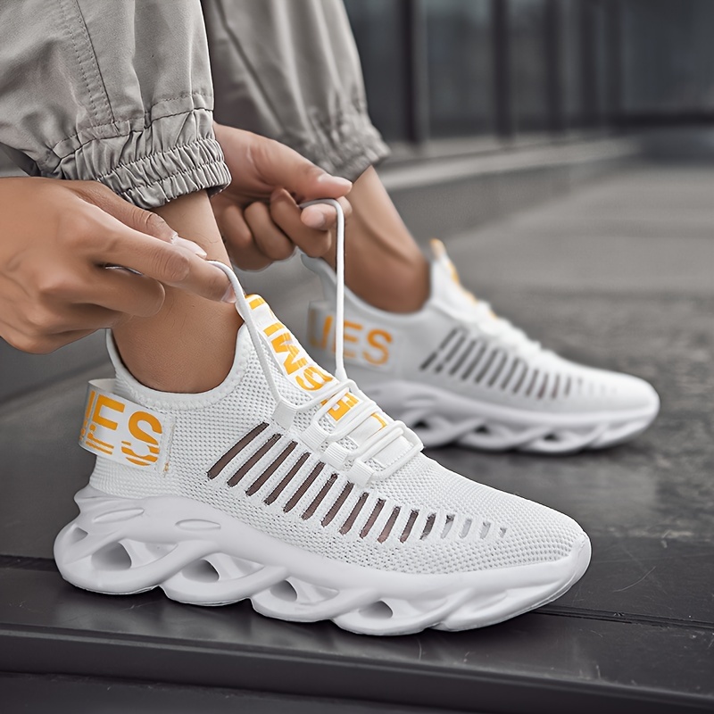 mens trendy woven knit breathable blade type sneakers comfy non slip soft sole lace up shoes for mens outdoor activities details 0