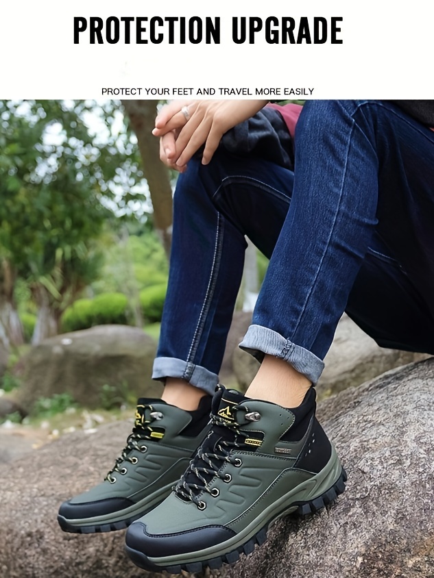 mens trendy high top solid hiking boots comfy non slip lace up durable shoes for mens outdoor activities details 10