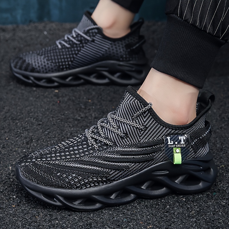 plus size mens trendy woven knit breathable solid blade type sneakers comfy non slip shock absorption shoes for mens outdoor activities details 5